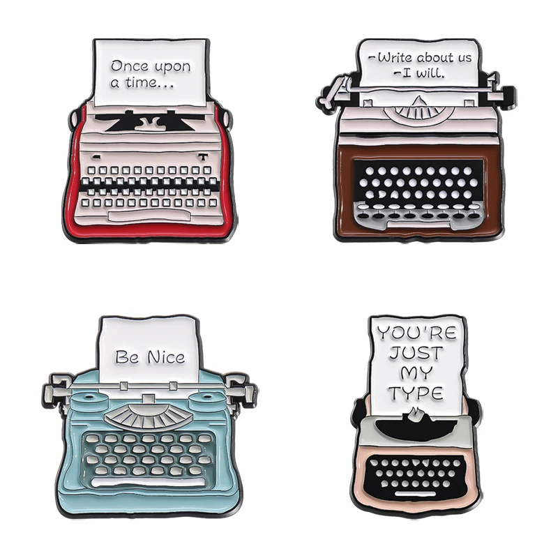 Retro Typewriter Collection Brooch Enamel Pins Once Upon A Time Write About Us Printer Brooches Collar Lapel Badge Jewelry Gift