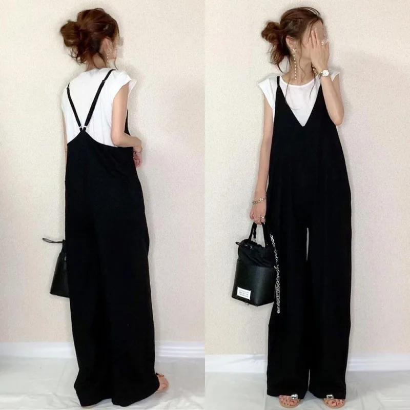 

Summer New Women's Pure Color Casual Loose Japanese Style Halter Pants Cotton Material Citywalk T-shirt Dress Mid-aged Suitable