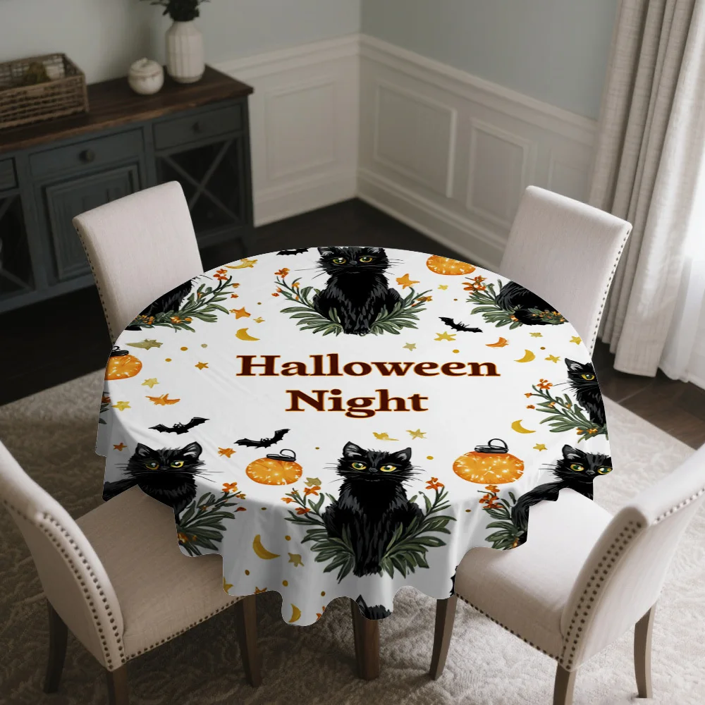 One Halloween cat and lantern round tablecloth - Bright colors, round polyester fabriczyc