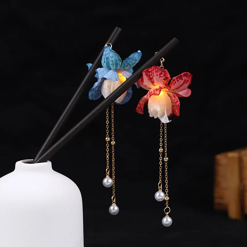 Chinese Dragon Hair Pin Clips Hair Sticks LED Light Retro Lotus Flower Hair Accessories for Women Girls Tassel Pearl Headpieces