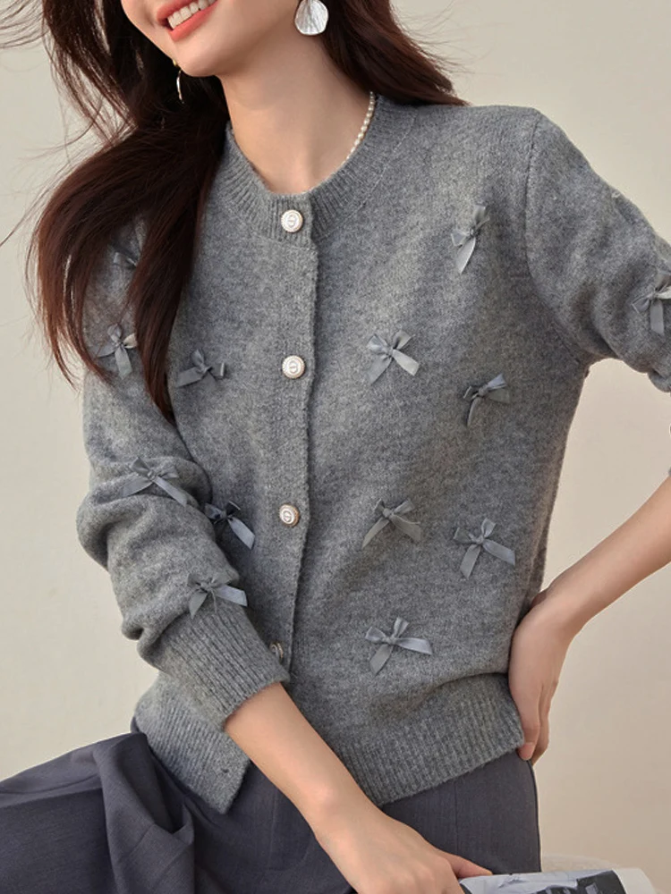 MSCSZ 2024 Autumn Grey Knitted Cardigan Sweater With Bows O-Neck Single Breasted Elegant Women Jackets Knit Cropped Coat