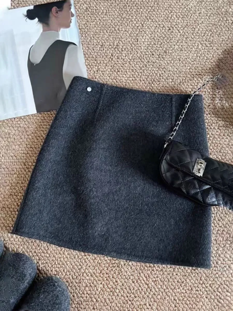 

High Waist Woolen Skirt Women's Winter Outerwear Boot Pairing Fitted A-Line Skirt Vintage Commute Thiened ort Skirt