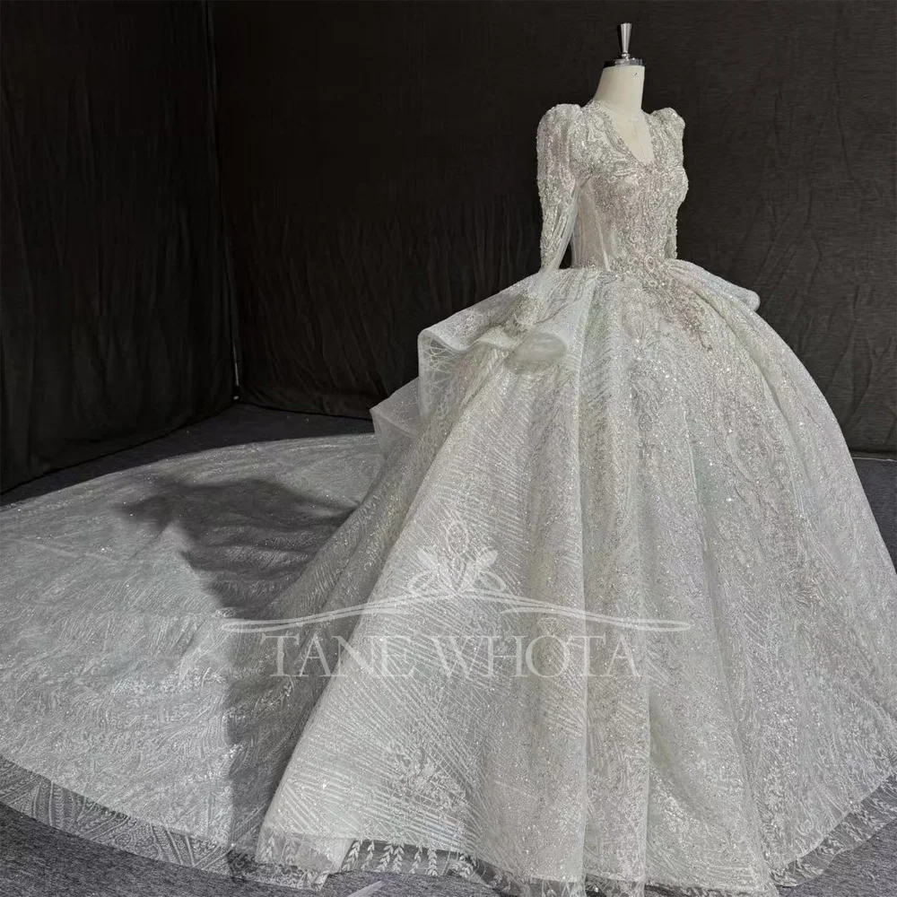 Luxury V-Neck Long Sleeve Wedding Dress Beaded Crystal Sequined Lace Up Keyhole Back Customizable Gown For Brides