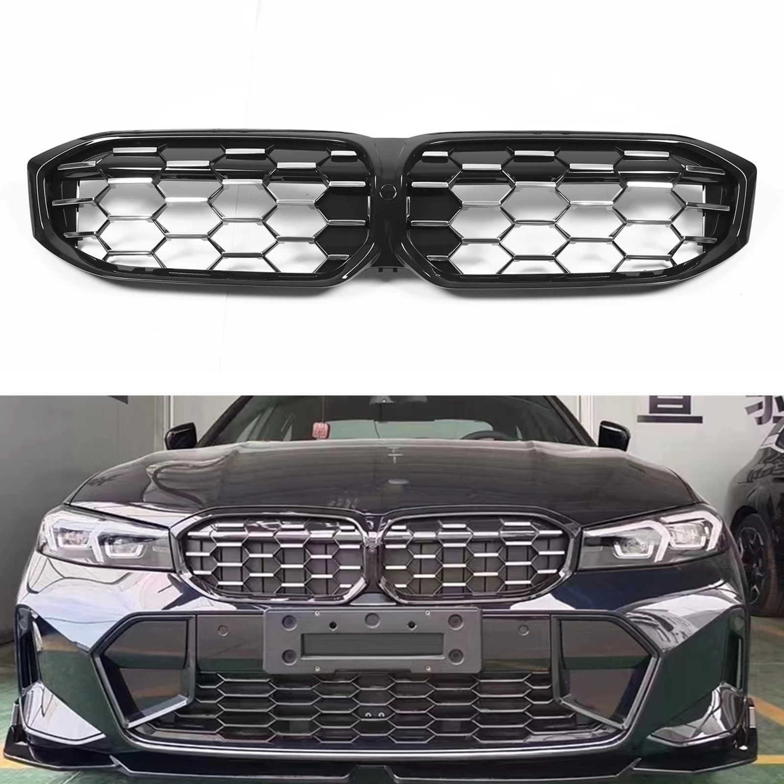 Front Grille Car Bumper Hood Mesh Grills Grid w/ Camera Hole For BMW 3 Series G20 G21 G28 330i 2023 2024