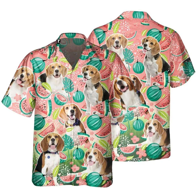 Schattig Huisdier 3d Bedrukt Hondenshirt Voor Mannen Koele Zomer Tropisch Fruit Hawaiian Shirt Knoop Revers Korte Mouw Vakantie Blouse