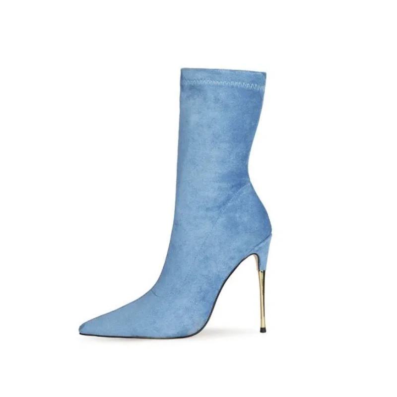 

Женские сексуальные эластичные ботинки на тонком каблуке, модные туфли на шпильке, ботильоны без застежки, с острым носком, большие размеры 34-47
