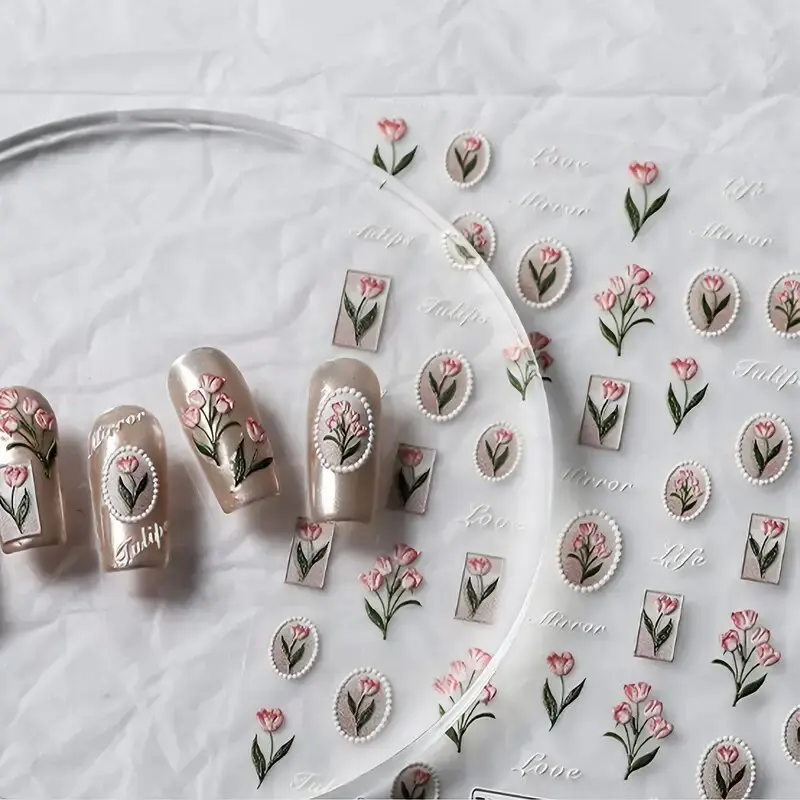 Autocollants pour ongles en forme de fleur de tulipe 5D, 1 pièce, autocollants auto-adhésifs en relief de haute qualité pour filles, décoration d'été