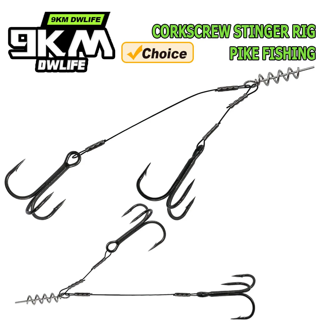 9KM Corkscrew Stinger Rigs Pike Fishing Two Shiarp Treble for Siilicoine Bait 2 Arm Wire Net Large Hook Rig Strip Hook