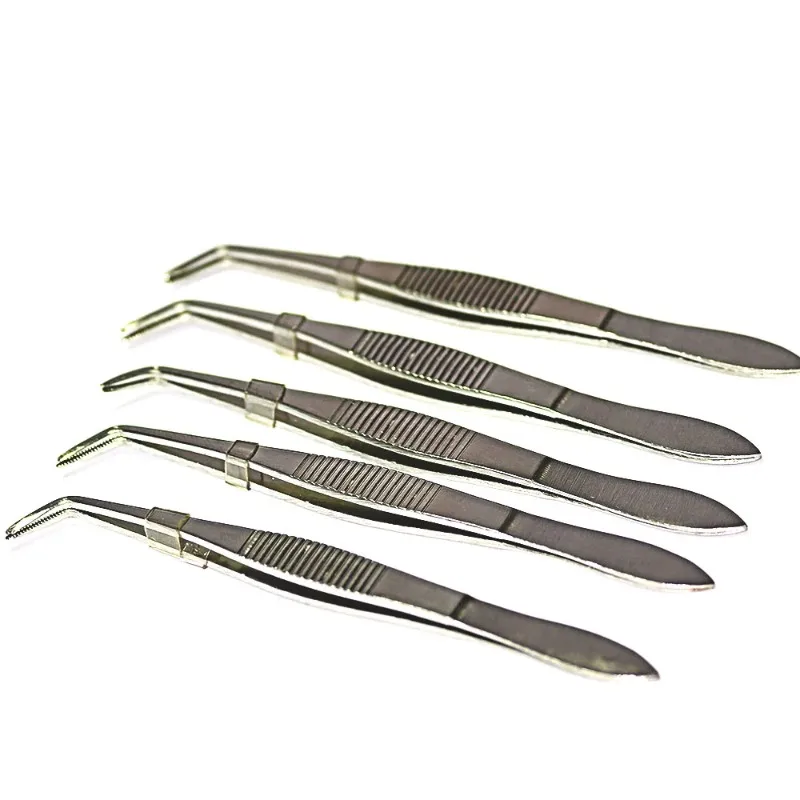 Stainless Steel Tweezers 10 cm Medical Ophthalmic Surgical Home Forceps Heat Resistant Medical Dressing Curved Pliers 5 / PK