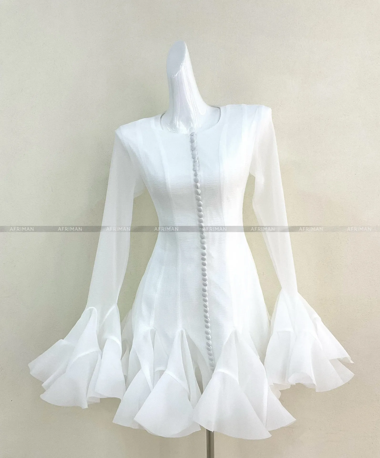 Women Big Flare Sleeve Single Breasted Temperament Handmade Petal Ruffles Dress