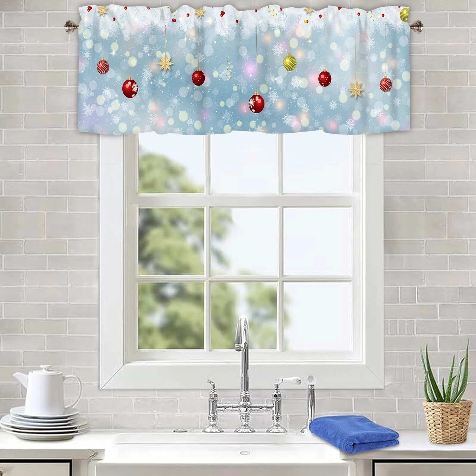 2 Pcs Christmas Holiday Valance, Snowflakes Print Rod Pocket Short Curtain, Winter Kitchen Window Treatment