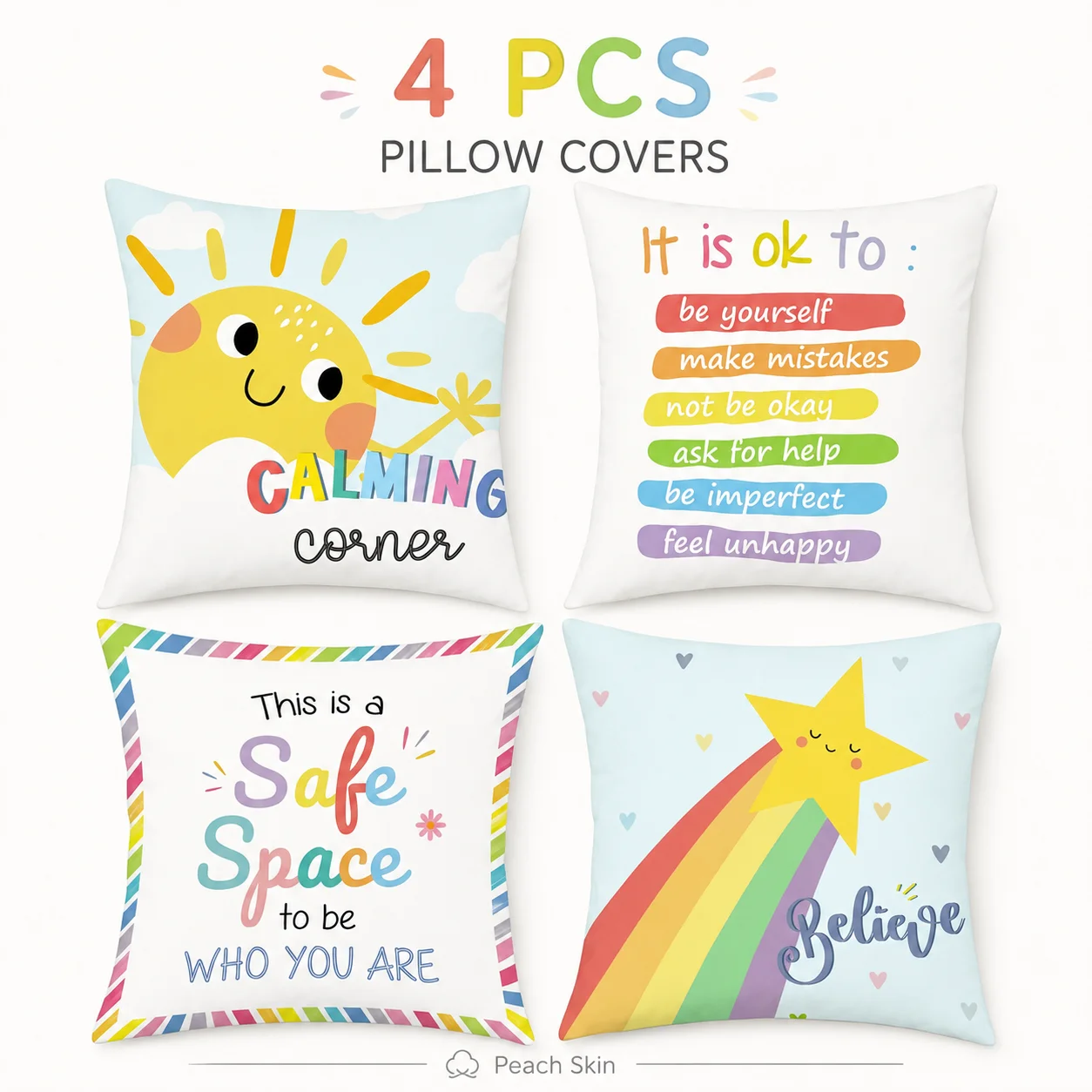 

4 Pcs Cute Rainbow Star Pillow Covers Peach Skin 2D Flat Printed Nursery Cushion Cover Safe Space Cheerful Kids Room Decor Set