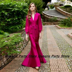 Weilinsha Fuchsia Mermaid Wedding Guest Dresses Elegant Puff Sleeves V Neck Buttons Front Slit Long Mother of The Bride Dress