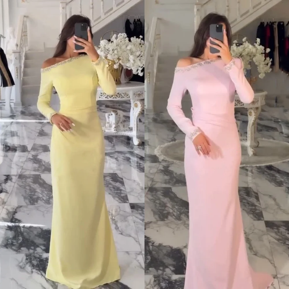 

Customized Jersey Rhinestone Off-the-shoulder Mermaid Floor-length Bespoke Occasion Evening Party Simple Elegant Glitter Formal