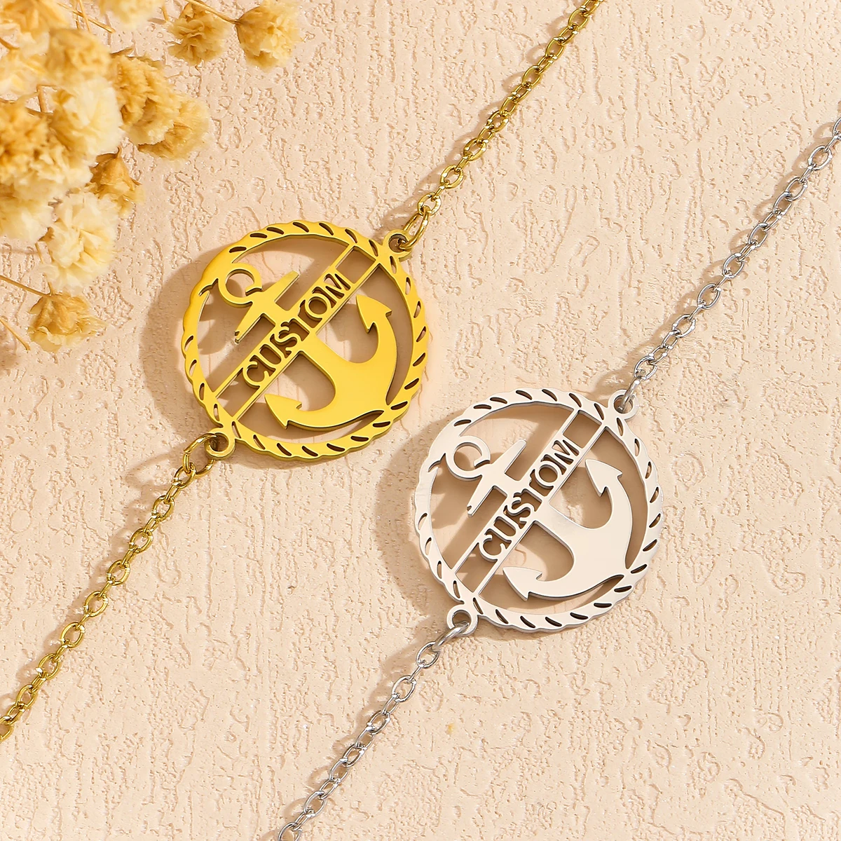 Stainless Steel Round Custom Name Anchor Bracelet For Baby Women Personalized Child Kid Anklet Family Gift Jewelry