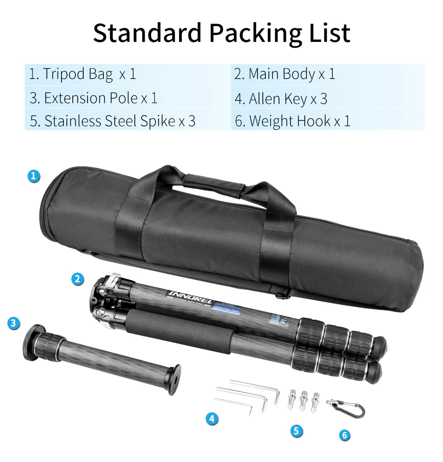 INNOREL CT75C/85C Kohlefaser-Stativ für DSLR-Kamera, robuster Ständer, Kugelkopf mit geringer Schwerkraft und verstellbarer Mittelsäule – Detail 12