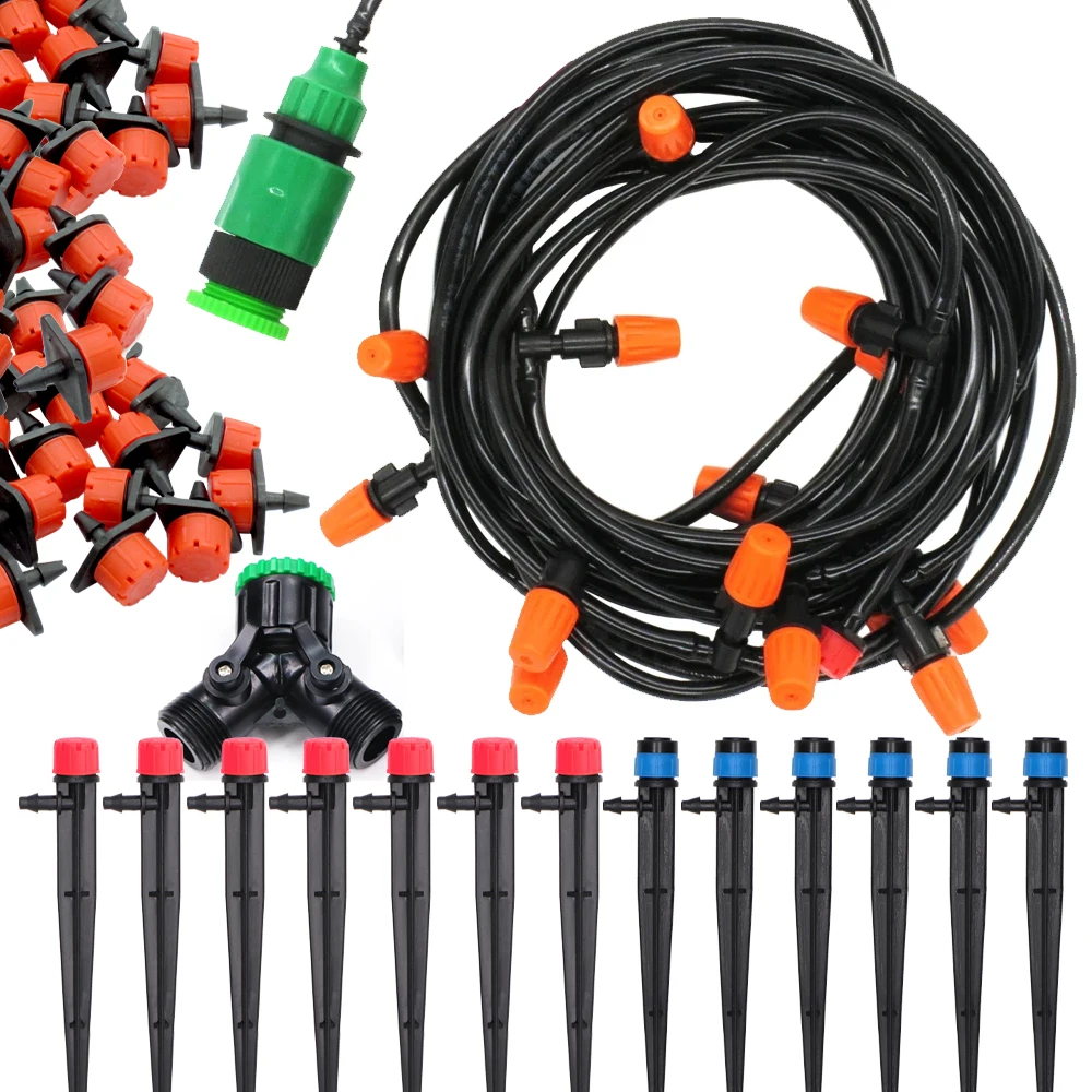 

5-50M Garden Micro Drip Irrigation System Automatic Garden Adjustable Misting Watering Cooling Kit 1/4'' PVC Hose Dripper Sets