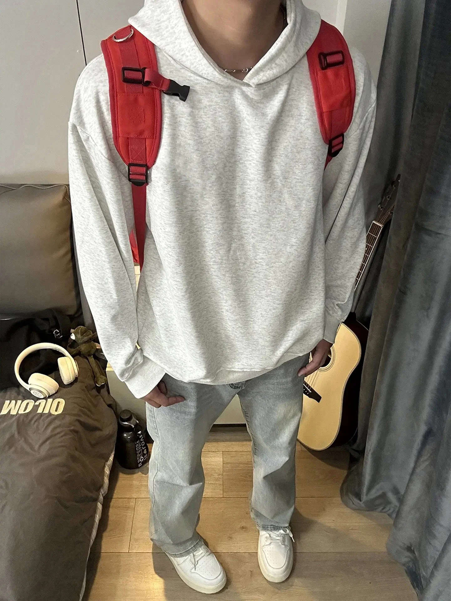 سترة بقلنسوة ثقيلة الوزن 500 جرام للرجال ربيع الخريف العلامة التجارية العصرية الصلبة والصلبة زوجين أبلى زهرة بيضاء ey #4