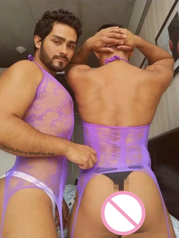 Sexy Fishnet Bodysuit Men Purple Sissy Erotic Hot Lingerie Dress Porno Underwear Teddy Bodystockings Gay Costumes Sex Clothes