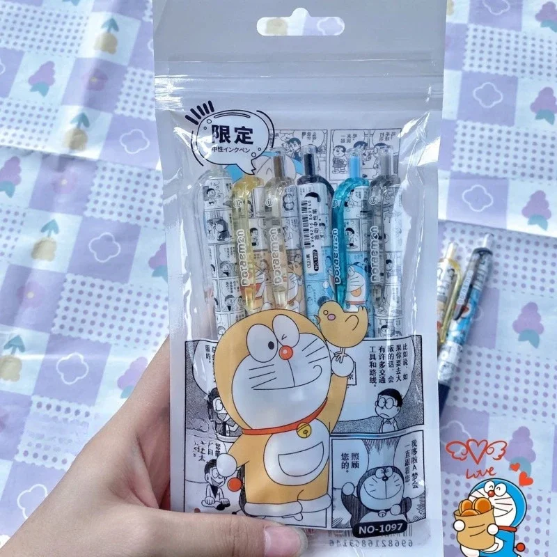6 stks Doraemon Manga Stijl Limited Edition Druk Pen ST Hoofd Half Naald Buis sneldrogend Zwart 0.5 Water Pen Leuk voor Studenten