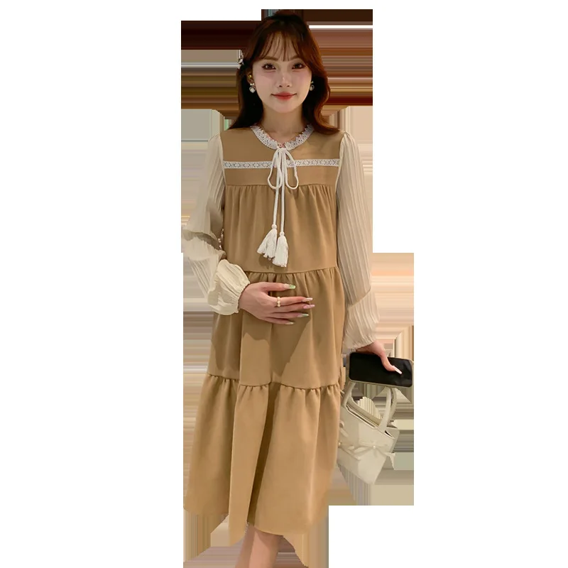 Abito da gravidanza in stile francese Abito longuette finto a due strati a maniche lunghe primaverile Elegante abito premaman femminile confortevole