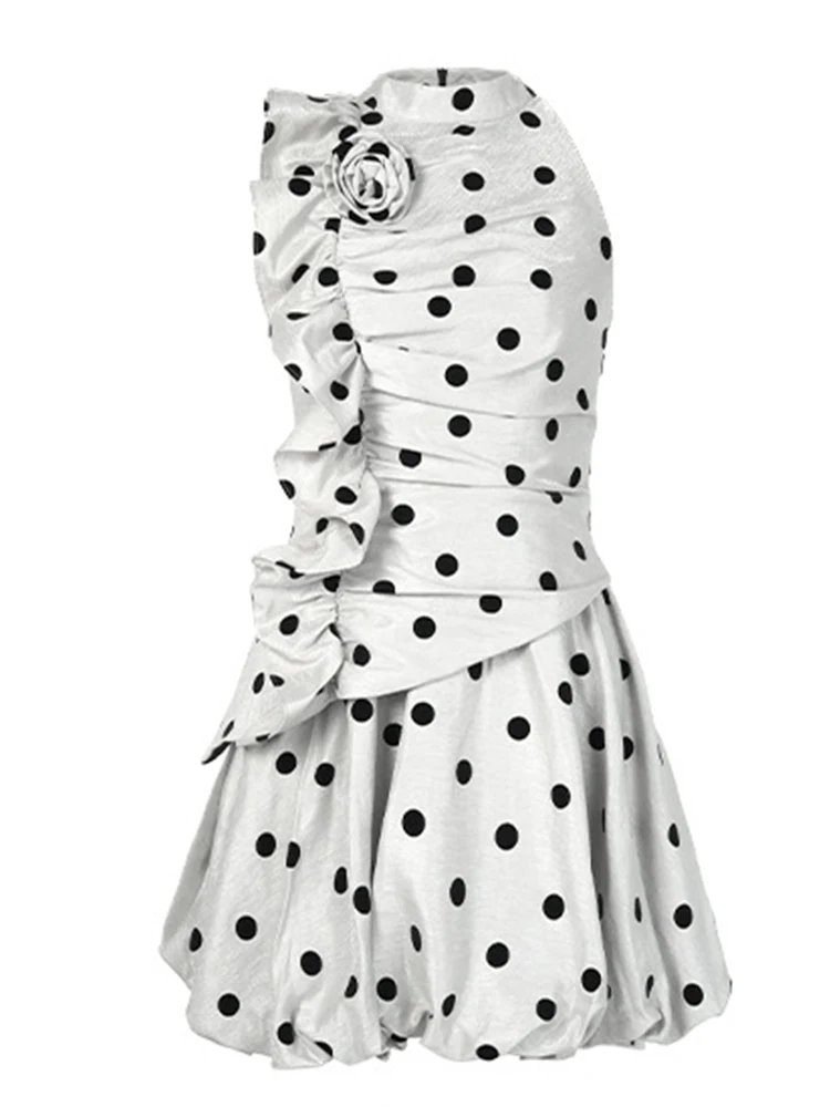 Elegante kawaii data vestido roupas femininas bonito chique doce dot babados flor halter dobras vestido plissado senhora festa clube vestidos