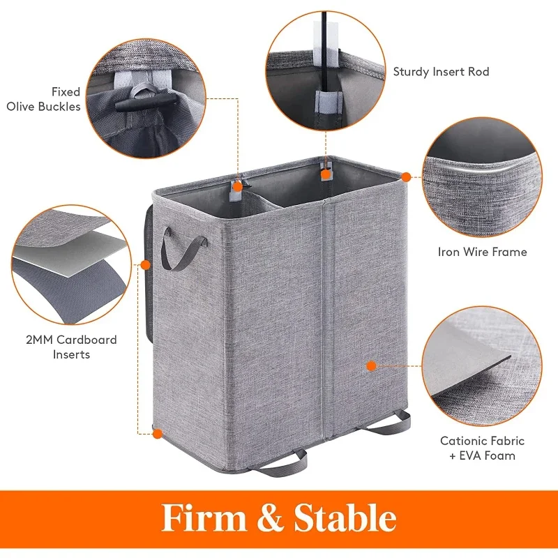 1pc 136L Double Laundry Hamper With Lid And Removable Laundry Bags  Divided Basket With Handles Large Separated Clothes Bas Grey