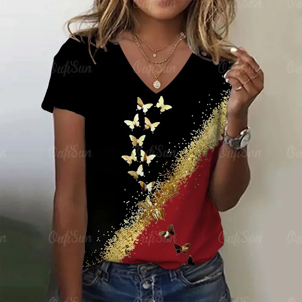 صيف جديد المرأة تي شيرت ثلاثية الأبعاد زهرة طباعة الخامس الرقبة قصيرة الأكمام بلوزة موضة حجم كبير تي شيرت للنساء الملابس Y2k كوع تي أنثى #5