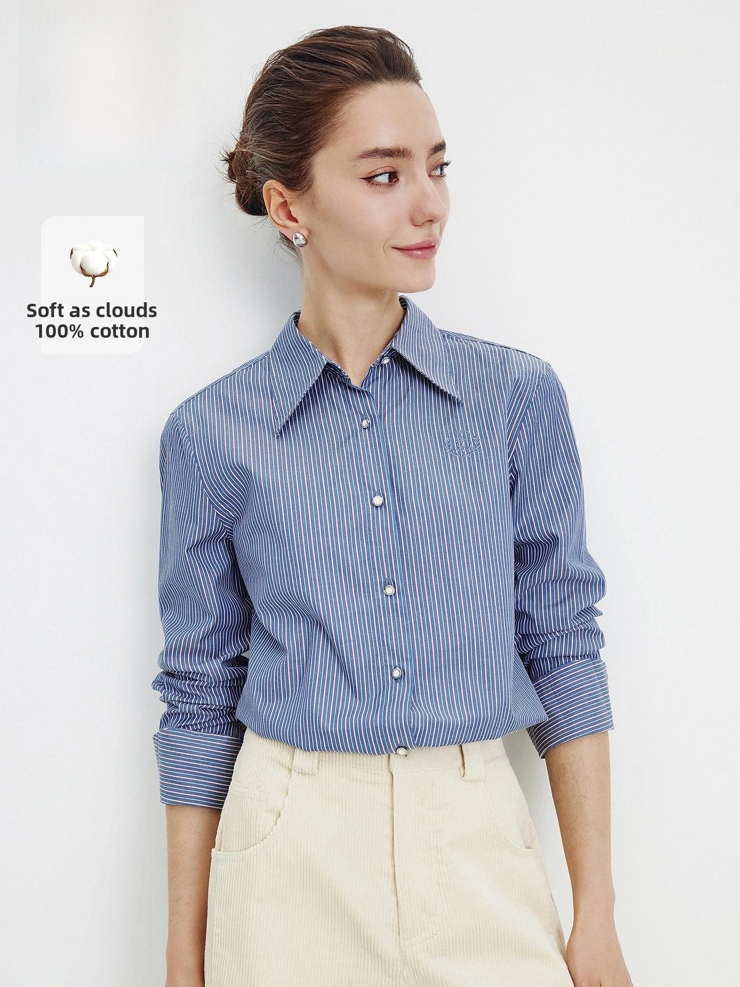 

Женская хлопковая рубашка Navigare в полоску с длинным рукавом, повседневная, модная, для офиса, прямого кроя, с пуговицами и вышивкой