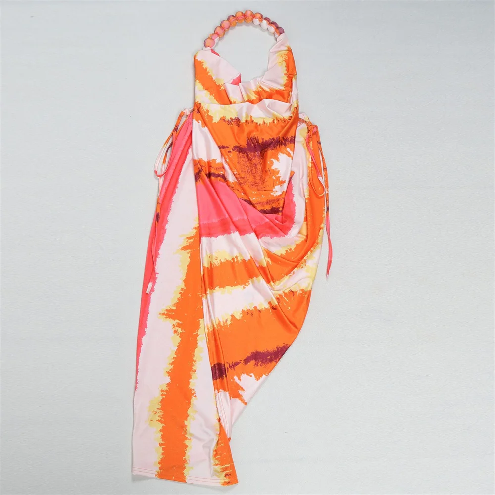 Slergiri 女性のスイング襟セクシーなハイスプリットプリントサテンドレス 2025 夏のナイトクラブパーティービーチネクタイバックレスロングドレス