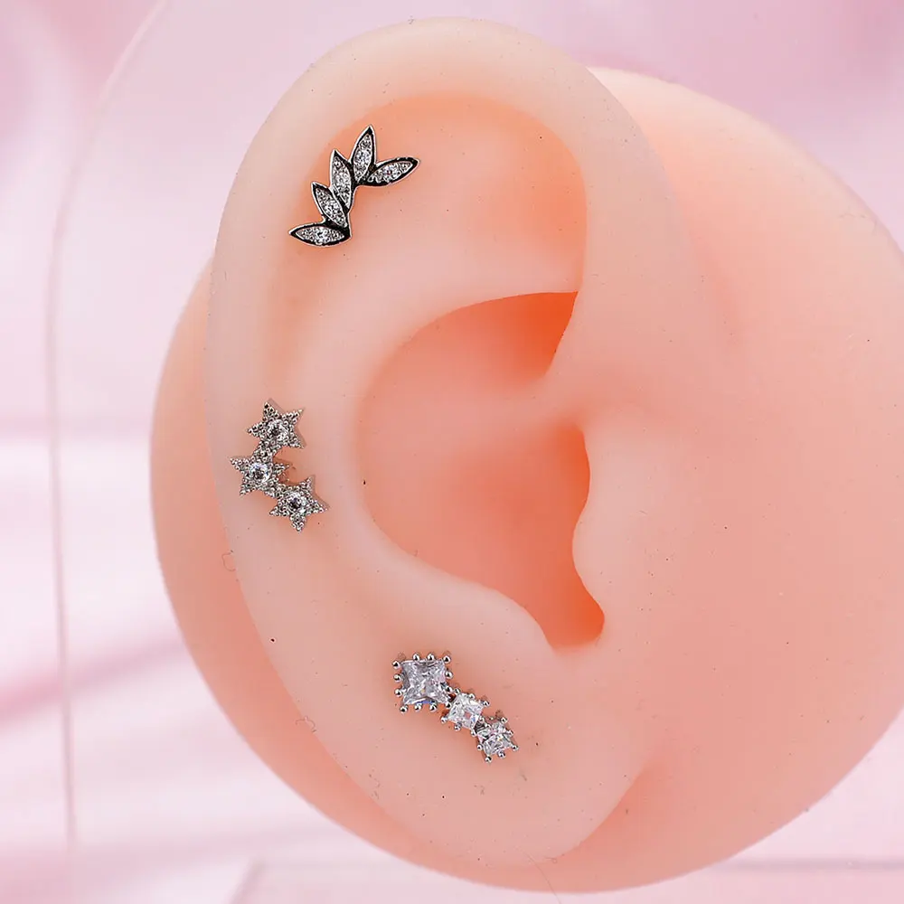 1Pc 20G Stainless Steel Star leaf Stud Earrings for Women Zircon Helix Cartilage Tragus Lobe Ear Piercing