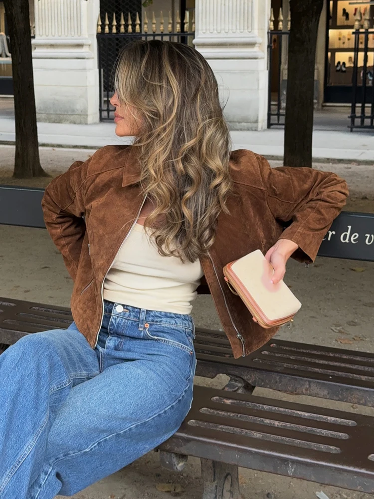 HH Women's Autumn New Fashion Popular Lapel Short Pure Leather Jacket Female Temperature Versatile Zipper Pocket Slim Coat