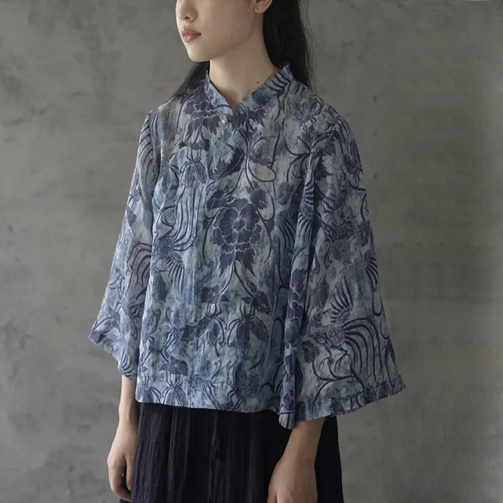 

Blue-Dyed Printed High-Quality Fine Ramie Cotton Short Top For Women Chinese Style Retro Loose Seven-Quarter Sleeve Shirt Summer