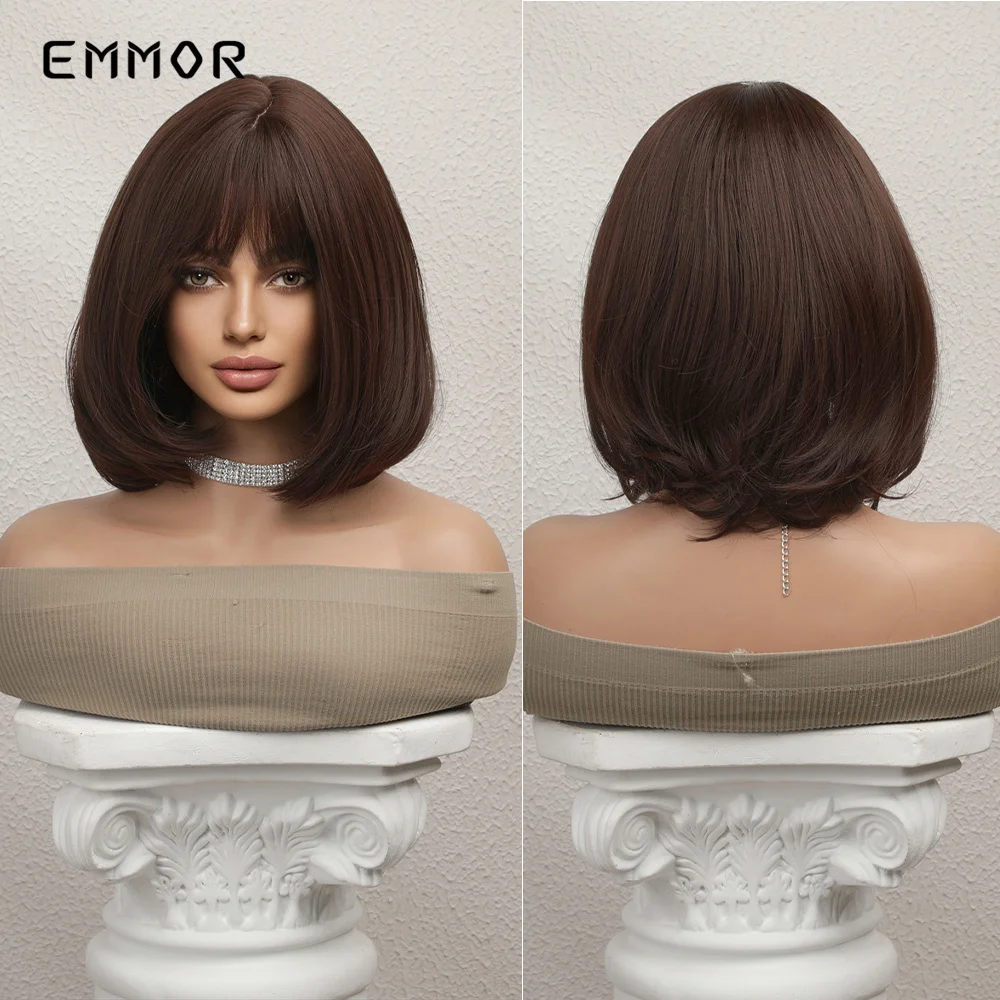 

EMMOR Synthetic Natural Short Brown Water Straight Hair Wig with Bangs for Women Heat Resistant Bob Wigs DailyCosplay Party Wigs