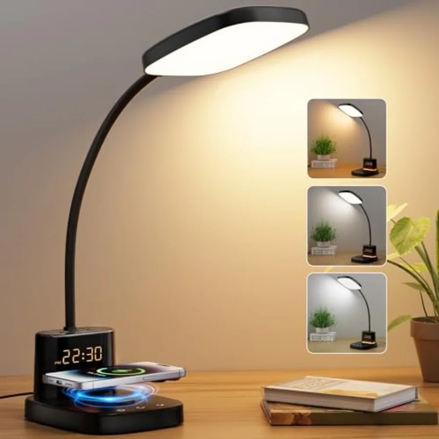 

Desk Lamp, Bedside Table Lamps with Wirel Charger and Clock, 30Mins Auto-Off Night Light Lamp, 3 Color Modes Dimmable Touch 800