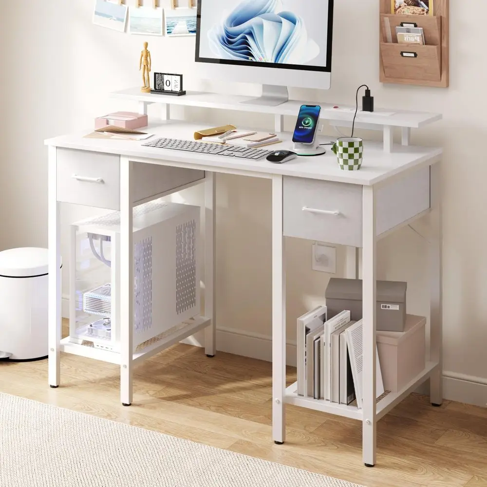 

White Computer Desk with Drawers, 42 Inch Home Office Desk Study Writing Table, Gaming Desk with USB Power Outlets, Office Desk