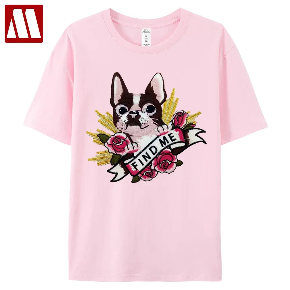 

New Arrival Women's Lovely Dog & Rose Embroidered Tees Short Sleeve T shirts Round Neck Floral Pullover Oversized Cotton T-shirt