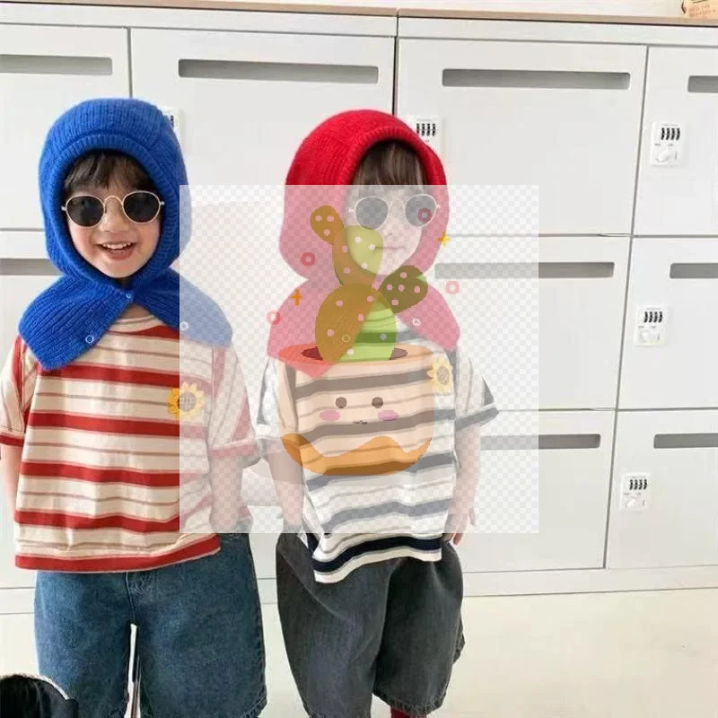 1 шт., зимняя детская шапка-шарф, модные полосатые вязаные шапки для защиты ушей, детская Балаклава, головной убор, детская шапочка с капюшоном для детей 1-6 лет