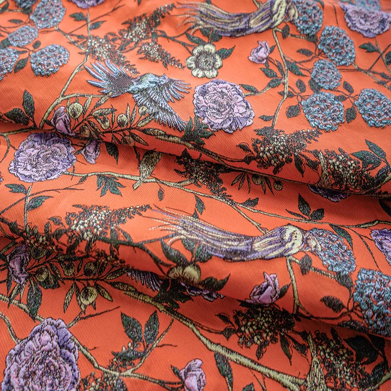 Bright Orange Flower and Bird Yarn Dyed Jacquard Fabric Oil Painting Style Women's Floral Dress Diy Sewing Fabric 45cmx140cm