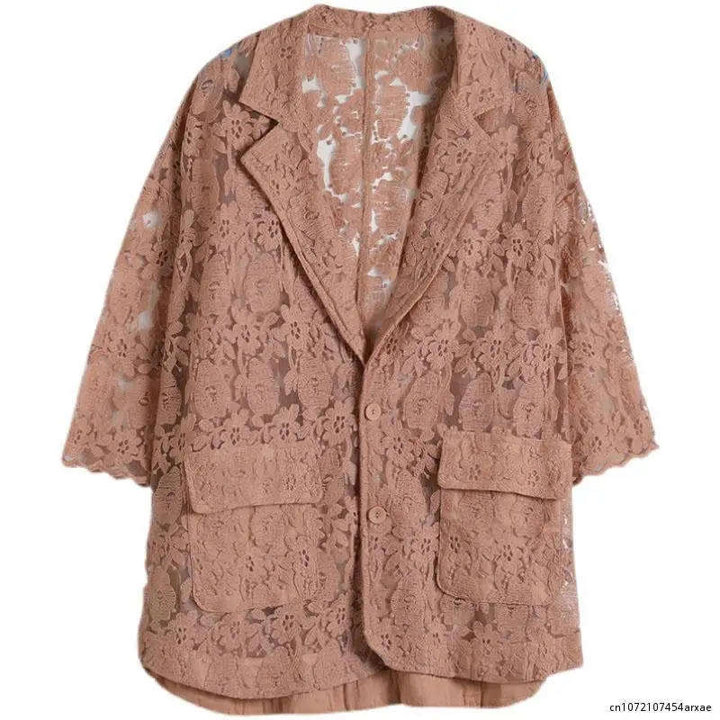 

2023 Fashion Lace Hollowed Out Embroider Blazer Jacket Spring Summer Woman Casual Korea Ladies Womens Chic Cardigan Loose Coat