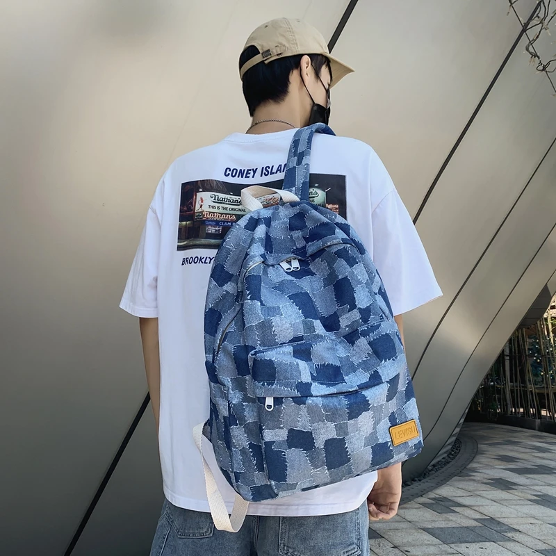 2021 Unisex Jean Plaid Laptop Backpack Travel Denim Daily Backpack High Capacity Casual Shoulders Bag Korean Style Schoolbags