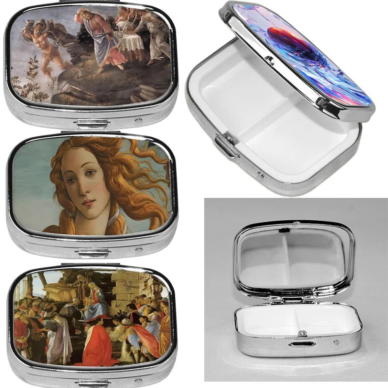 Italian Botticelli Oil Painting pill box cell portable pill box pocket or purse decorated with metal medicine vitamin travel