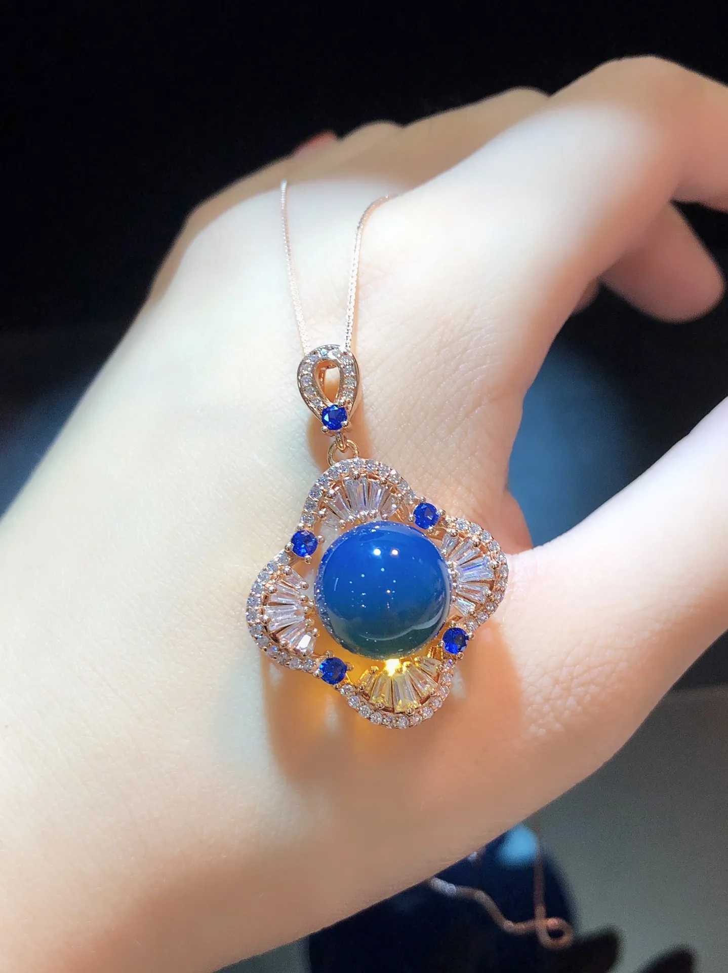 

12mm Natural Blue Amber Pendant Necklace W/ Celtic Clover Bezel - Perfect Anniversary Gift For Her Best Friend