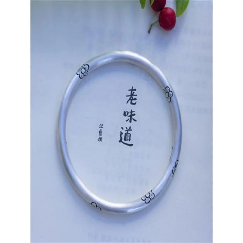 

S999 Plum Blossom Solid Bracelet Women, Matte, Closed Loop, Plain Silver Bangle