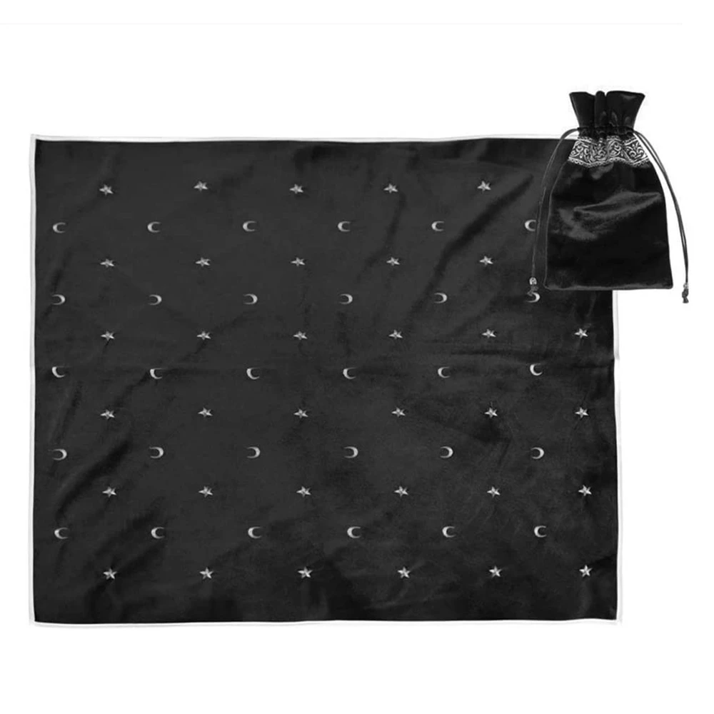 Toalha de mesa de tarô de altar, toalha de mesa de adivinhação de tarô de veludo com cartas de tarô, bolsa de jogo, toalha de mesa bordada de estrelas preta