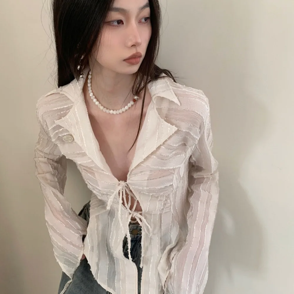 Shirts Women Lace-up Y2k Unique Personality All-match Thin Korean Stylish Long Sleeve Chic Cool Club Casual E-girl New Texture