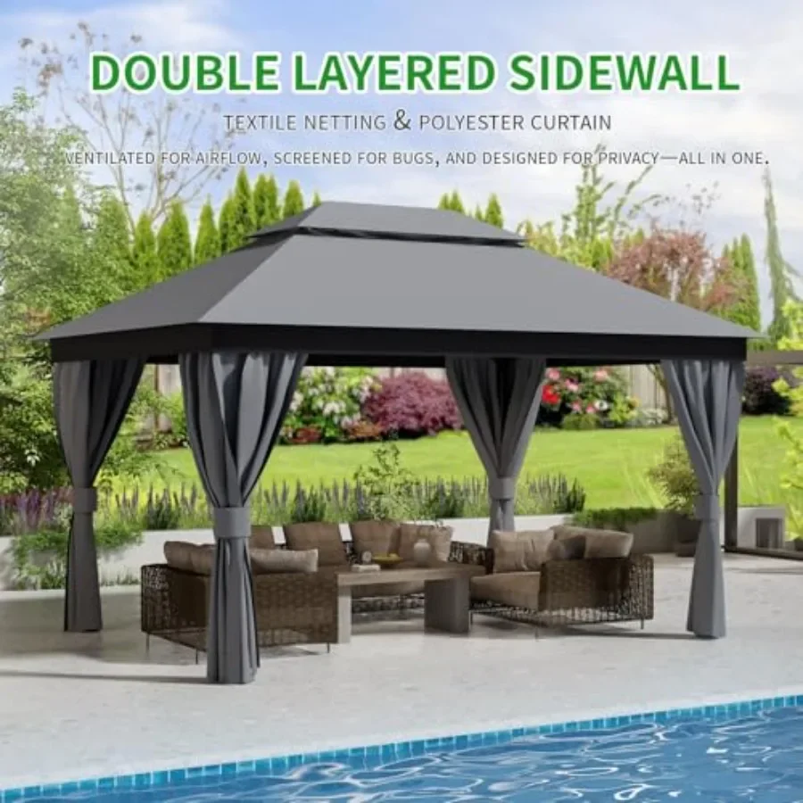 Outdoor Gazebo for Patio 10'x13' - Heavy Duty Steel Fe  Party Tent Shelter with Double Roofs Mosquito Net and Privacy Curtains