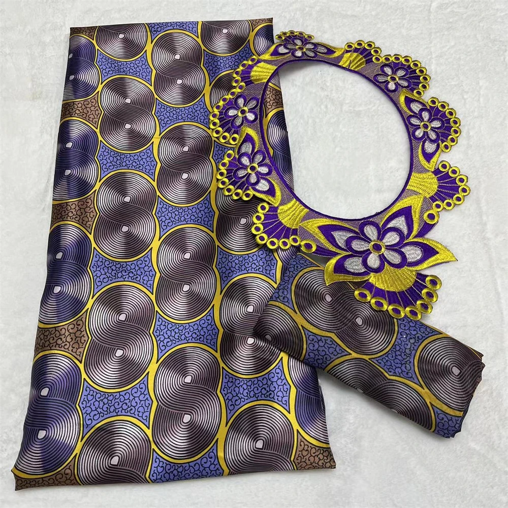 

African Satin Silk Fabric and Tulle Lace, Neck Collar for Sewing Dress, African Fabrics, 4 + 2 Yards, 3PCs