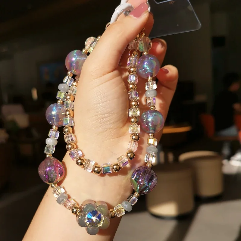Short Flower Wrist Rope Mobile Phone Double Chain Anti Lose Rope Colorful Crystal Ball Round Bead Lanyard Phone Charms Strap