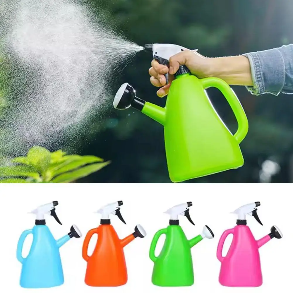 Regadera de plástico 2 en 1 para plantas de jardín, hervidor de agua a presión, pulverizador ajustable, 1L